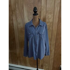 Notations Womens Large Navy Blue White Striped Button Up Long Sleeve Blouse
